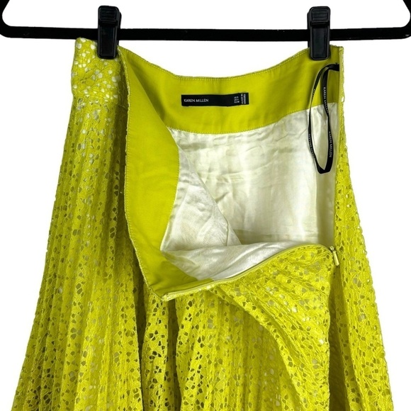 KAREN MILLEN NEON YELLOW KNIFE PLEATE LACE BANDED WAIST KNEE LENGTH SKIRT - Picture 6 of 10